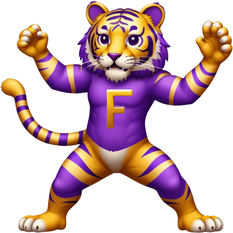 Purple and gold tiger mascot  with letter F  emoji