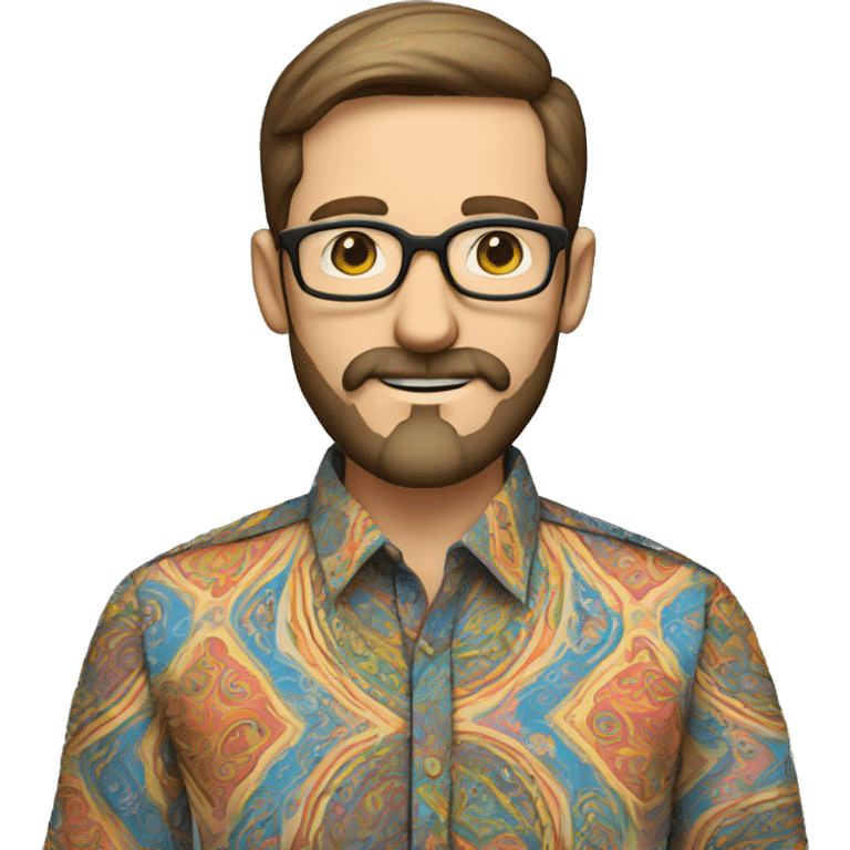 a male teacher with pale skin, black round glasses, brown hair, a beard and moustache, wearing a paisley colorful shirt emoji