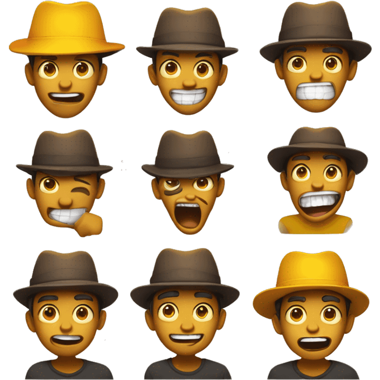 With a huge mouth + a lot of terrible teeth + huge eyes black + brown hat + yellow T -shirt + style Emoji + IOS style + emojie + flat design style + smooth forms, soft gradients and cheerful colors emoji