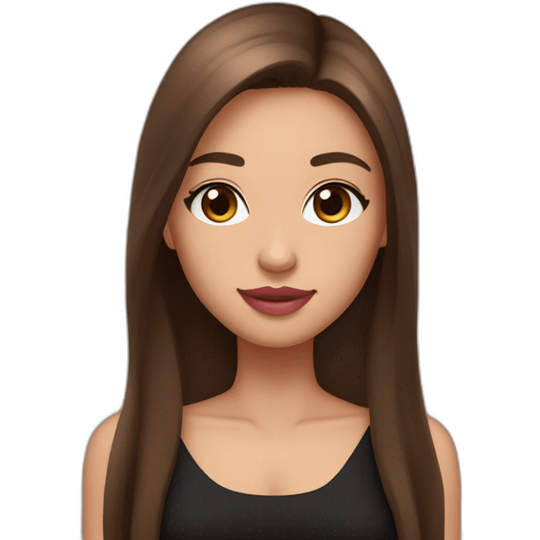 A girl with brown eyes, long straight brown hair, plump pink lips in a black dress emoji