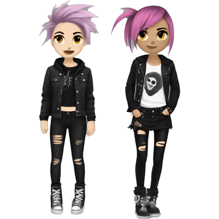 two emo girls with punk clothes, beautiful, aesthetic  emoji