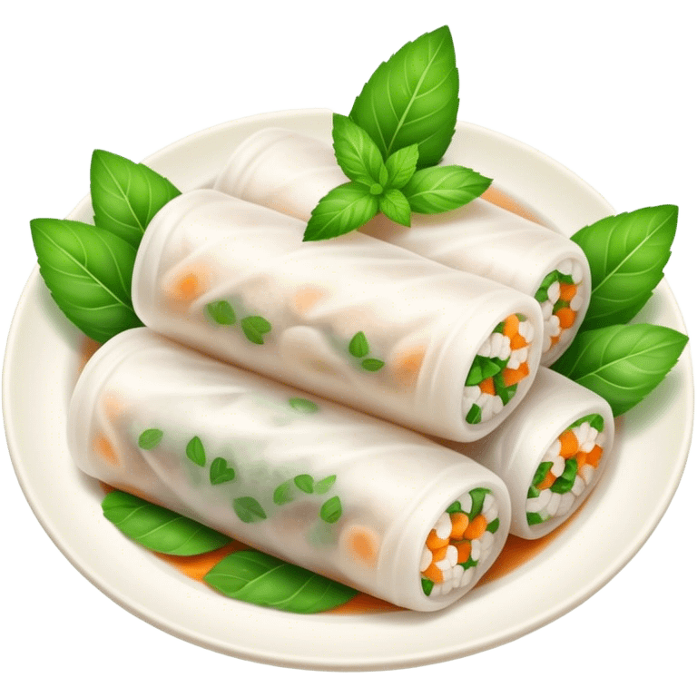 Bánh Cuốn Cinematic Realistic Bánh Cuốn Dish Emoji, depicted as delicate steamed rice rolls garnished with chopped mint on top, rendered with lifelike textures and fresh, vibrant lighting. emoji