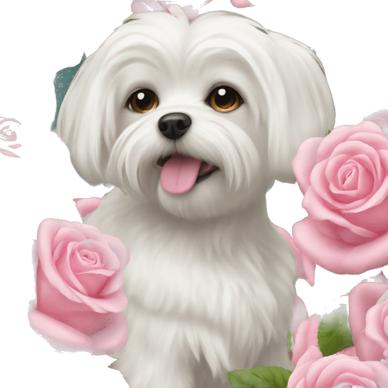  white maltese dog and pink roses  emoji