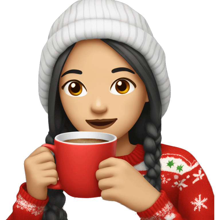 asian girl drinking coffee wearing Christmas sweater emoji