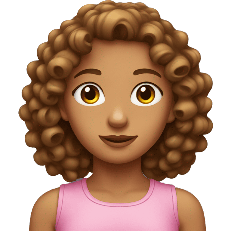 Tanned girl with brown curly hair, wearing pink with brown eyes  emoji