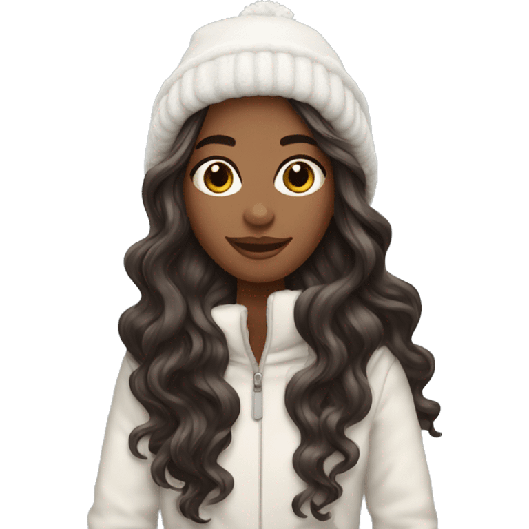 model with long darkbrown wavy hair in snowy winter emoji