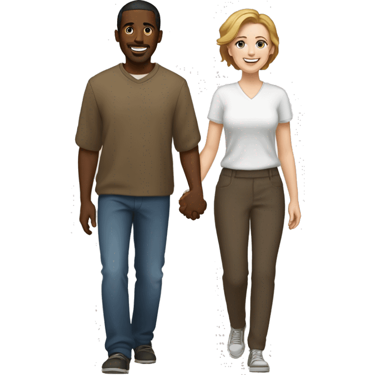 A black Somali man with short hair and a white woman with  brown hair holding hands and walking side by side, smiling and enjoying their time together emoji