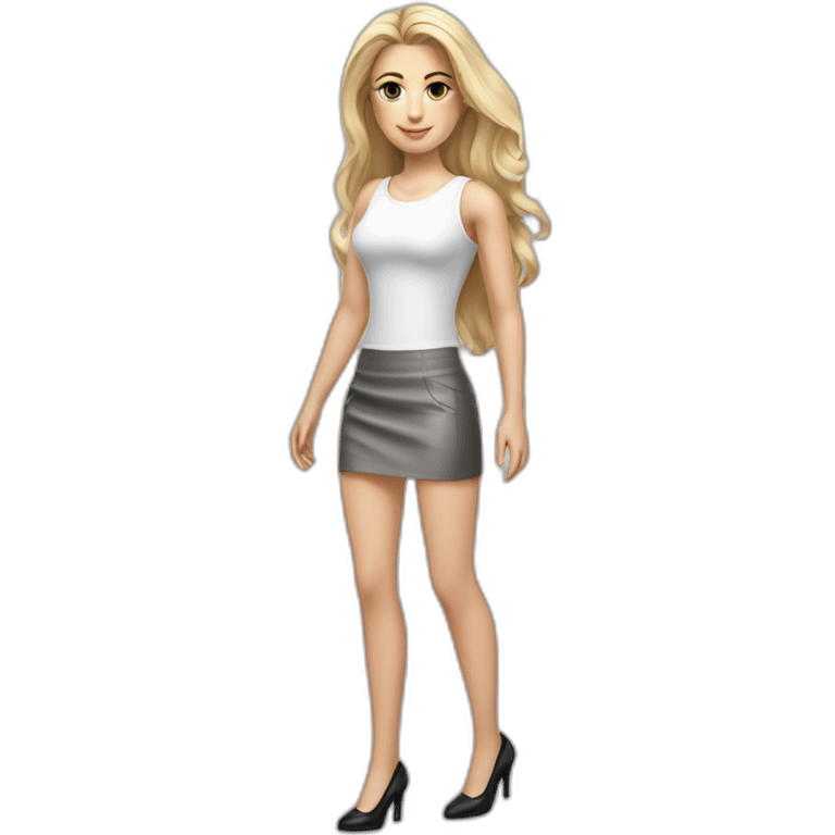 hyperrealist caucasian long blonde hair brown eyes woman white tank top gray tight mini skirt black high heel shoes full body emoji