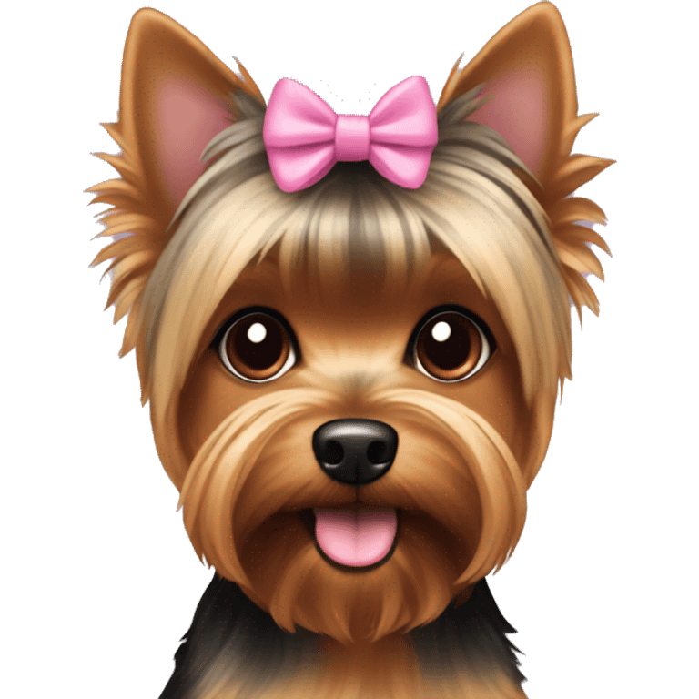 Yorkie Dog with Brown and black fur and brown eyes with short hair and a pink bow in her hair emoji