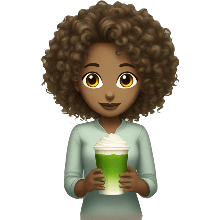 Brown girl curly hair brown eyes, white skin with glass of matcha emoji