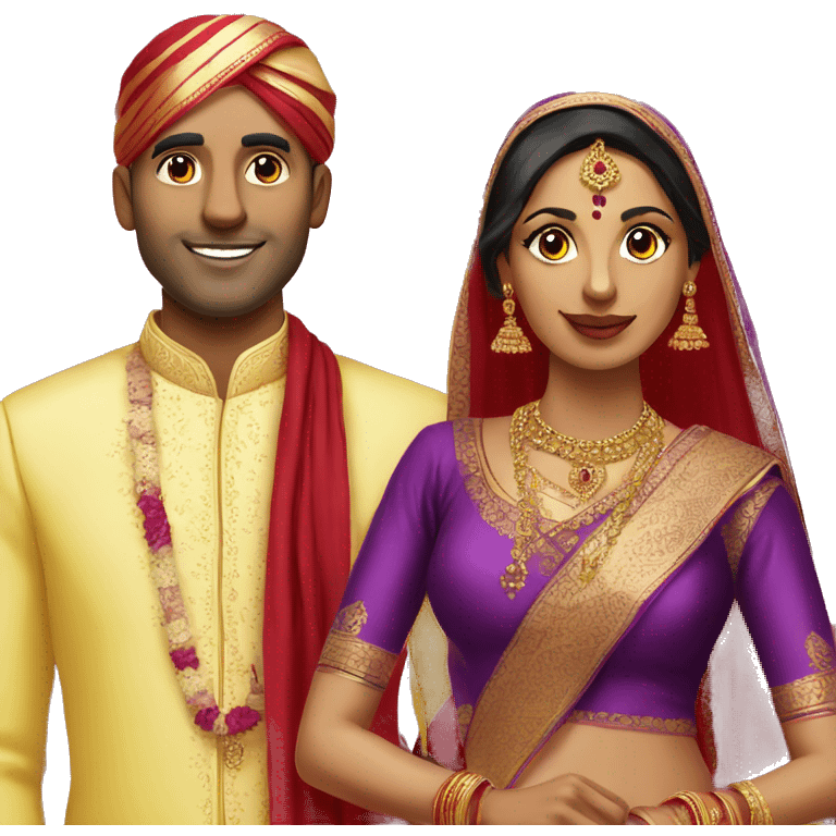 Indian bride and groom without turban. Yellow saree with red blouse and purple sherwani.  emoji