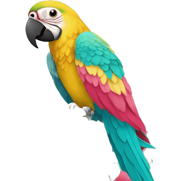 Floral flowers parrot Summer beach cyan pink mustard yellow multicoloured parrot macaw bird holding a plant vine in beak Spanish Italian Mediterranean style floral emoji