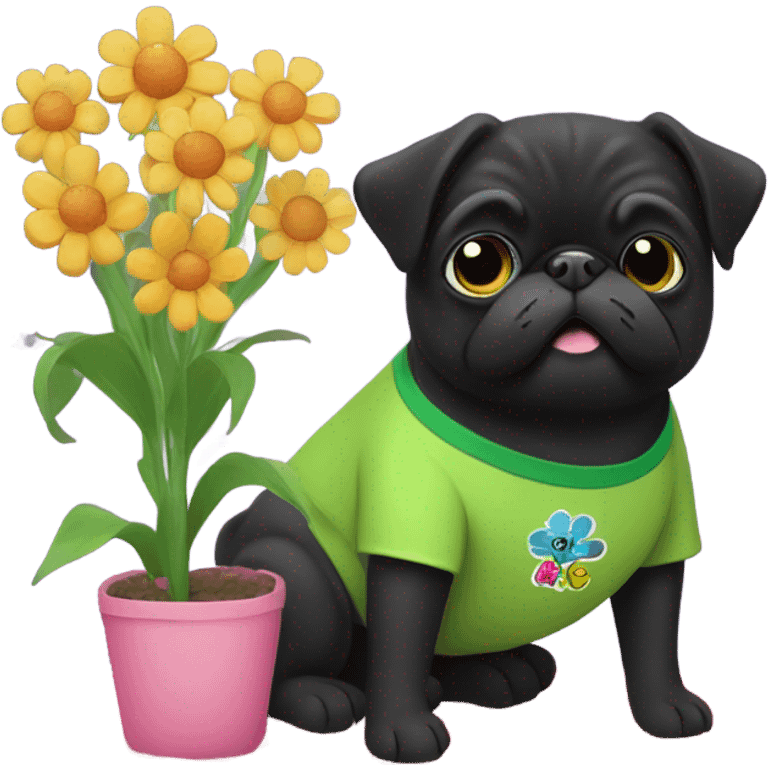 Black pug , surrounded by flowers, holding a green sign that says “good luck”  emoji