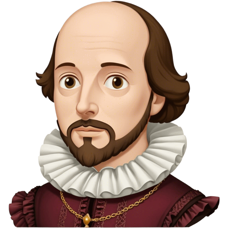 Cinematic Realistic portrait of William Shakespeare, depicted as an iconic playwright in richly detailed Elizabethan attire with a ruffled collar, expressive eyes, and a thoughtful gaze, bathed in dramatic historical lighting that evokes the Bard’s timeless legacy emoji