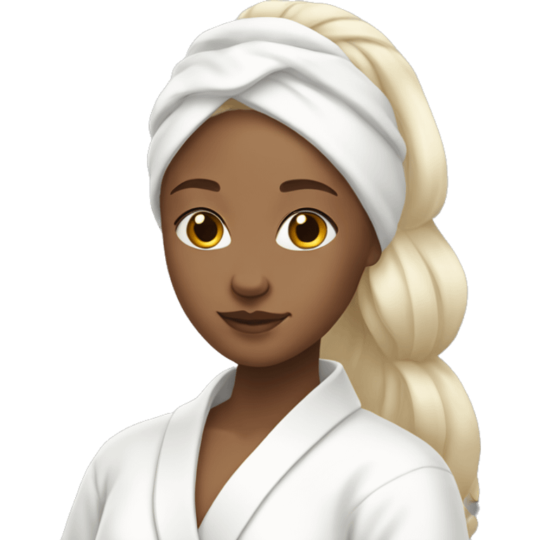 blonde girl in a white robe with a white headband doing skincare  emoji