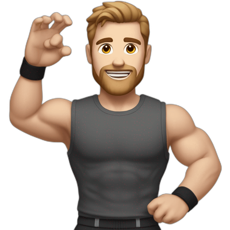 Close up Actively gesturing  with hands Pale skinned Fit Man With the biceps and brown hair in dark gray Sleeveless Mike, black oversize sports shorts, watch and white Sneakers emoji