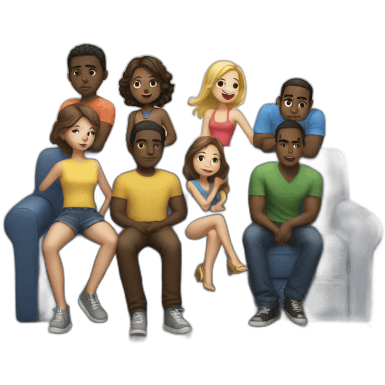 a light-skinned girl sits on a sofa and five dark-skinned guys stand behind emoji