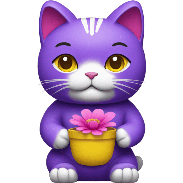 Purple maneki neko in a yellow T-shirt with a pink flower on his head emoji