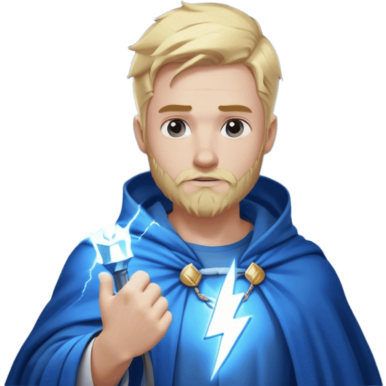 god with lightning, blond, in a blue cloak and a white T-shirt. Holds lightning in his hand on his shoulder that glows with a white-blue light. with a neat short beard emoji