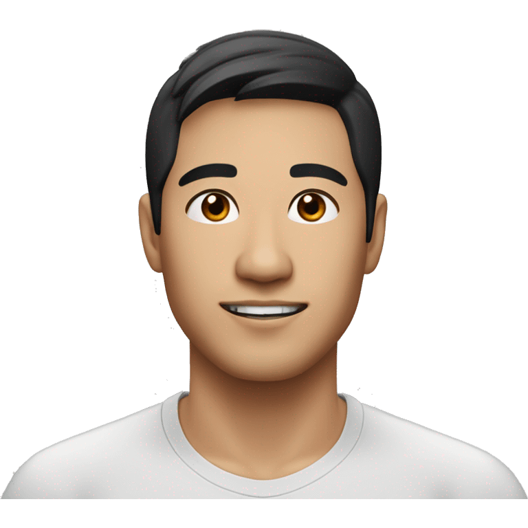 A head and shoulders shot of a 32 year old Asian man, with short black hair,   with brown eyes wearing a t-shirt. emoji