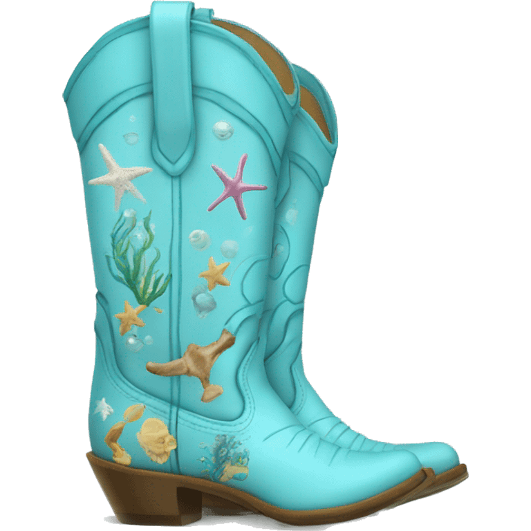 Light blue cowgirl boots with ocean print emoji