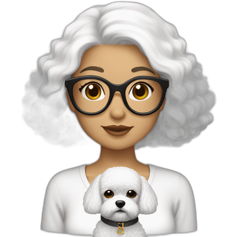 mujer piel blanca cabello negro gafas  y perro bichon blanco emoji