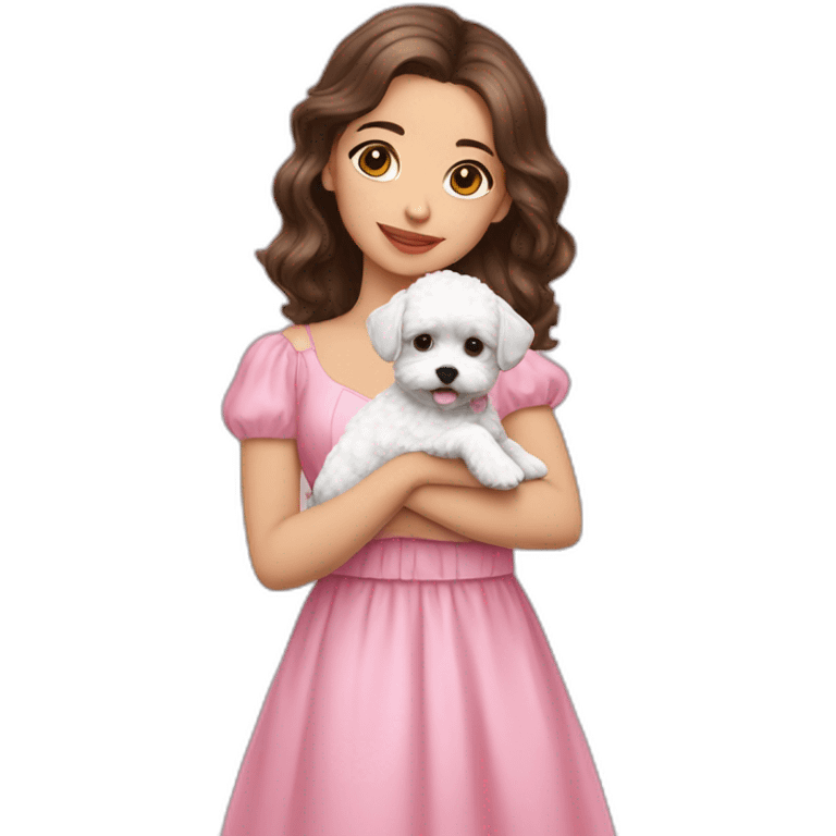 girl brunette hold on the hand small white puppy maltipoo which dressed in pink dress emoji