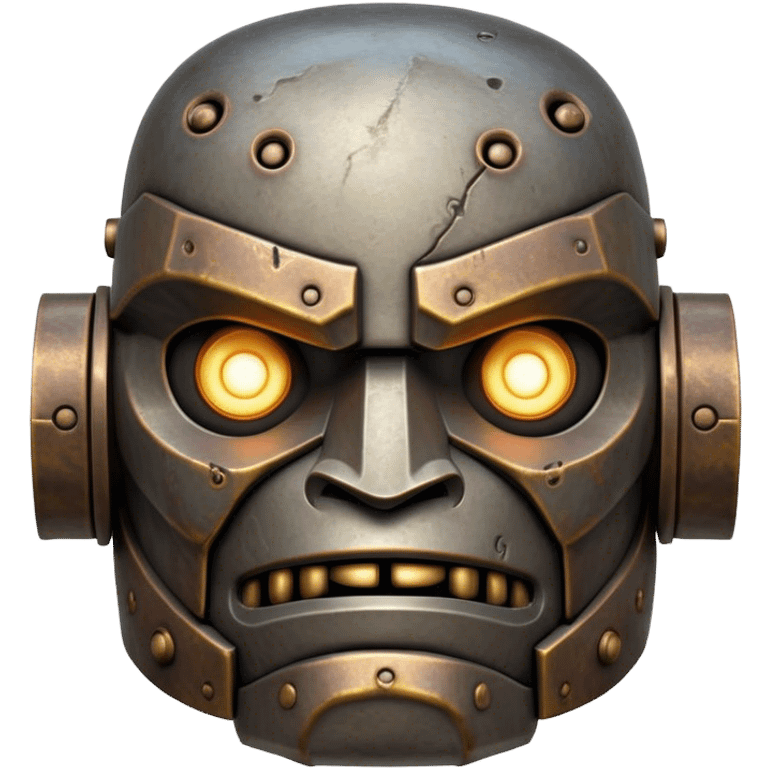 Cinematic Noble Mighty Iron Golem Portrait Emoji Poised and imposing, with a towering, metallic form forged from intricately detailed plates of burnished steel and ancient bronze, etched with faint traces of runes and weathered marks of time. Its piercing, glowing eyes radiate unwavering resolve, casting a solemn and commanding presence; rendered with lifelike texture and natural metallic highlights, high shine, elegant yet indomitable, styled with an aura of legendary endurance, focused and resolute, soft glowing outline, capturing the essence of an eternal guardian, standing vigilant and immovable as if ready to awaken at any moment with unstoppable might! emoji