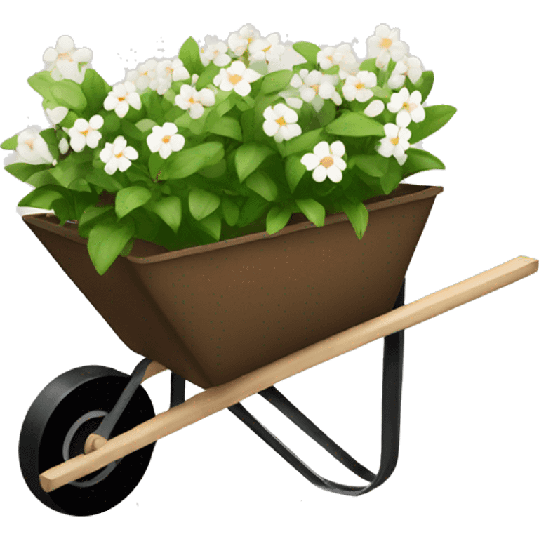 Brown wheelbarrow with white flowers inside no green  emoji