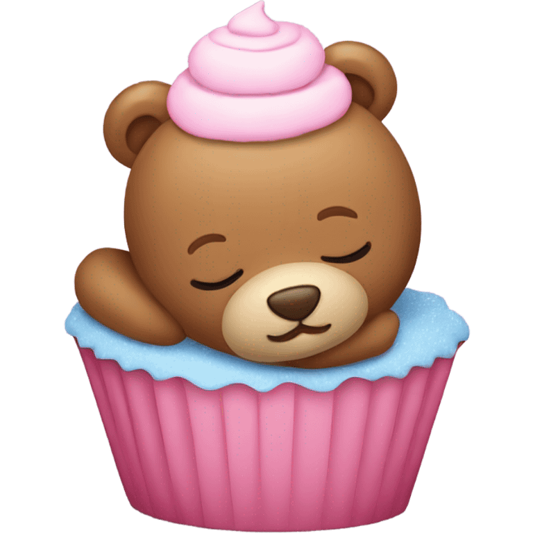 Sleeping teddy bear leaning against a cupcake emoji