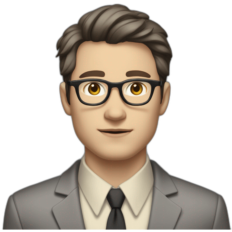 Full height Pale skinned Fit Man With dark brown hair in classic gray suit, beige office shirt, dark gray tie, and vintage glasses. Thrumbs of his palms directed up emoji