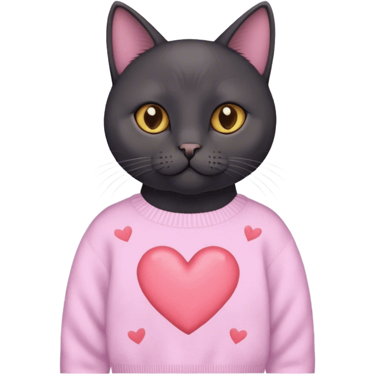 cute black british cat sitting 
 in a cute pastel sweater with hearts emoji