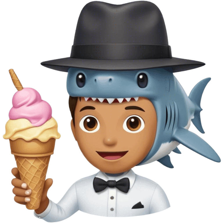 A person having a shark as their head while wearing a tophat and holding an ice cream emoji