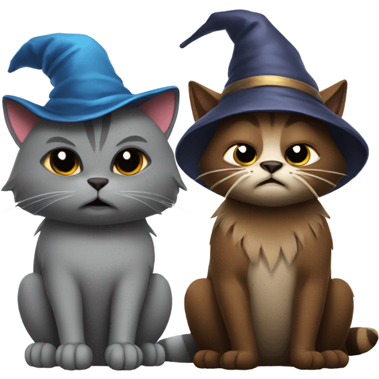 Grey cat with wizard hat sitting next to brown angry raccoon cat emoji