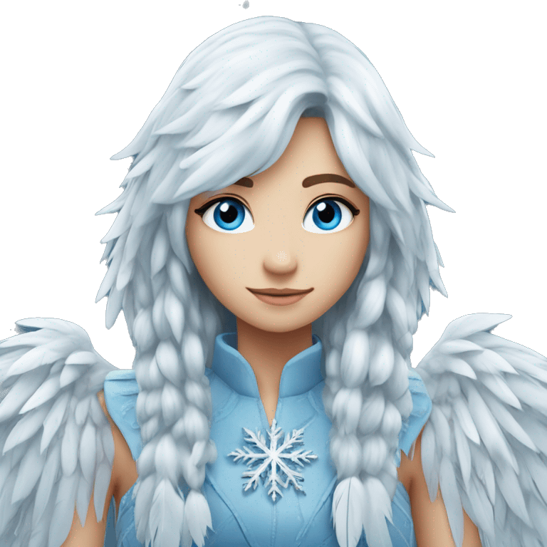 big wings, silver, feather, icy ,snowflake, Beautiful, fairy, long hair, blue eyes emoji