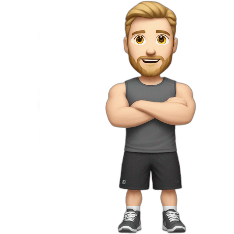 Full height Pale skinned fit man With biceps, Realistic eyes and mouth, light brown hair and stubble In dark gray sleeveless mike, black oversize sports shorts, watch and white sneakers. emoji