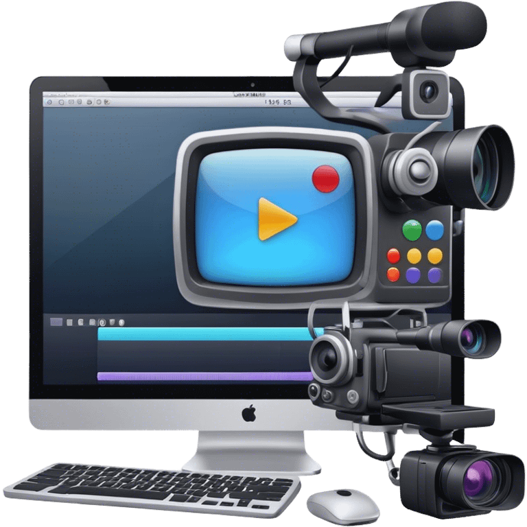 Create an emoji for video editing. Show a computer screen with a video timeline, clips, and editing tools (e.g., scissors). Add a video camera. Use modern, professional colors. Do not include any emojis or smiley faces. Make the background transparent emoji