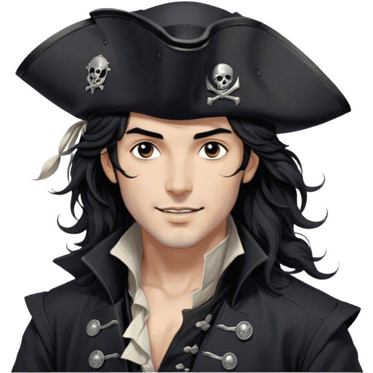 A charismatic pirate with wavy black hair tousled by the breeze. His silver-embroidered tricorn hat casts a shadow. He turns his head slightly, dark eyes glinting with mischief as he looks to the side, a knowing smile on his lips. His black coat, adorned with silver buttons, shifts with the wind emoji