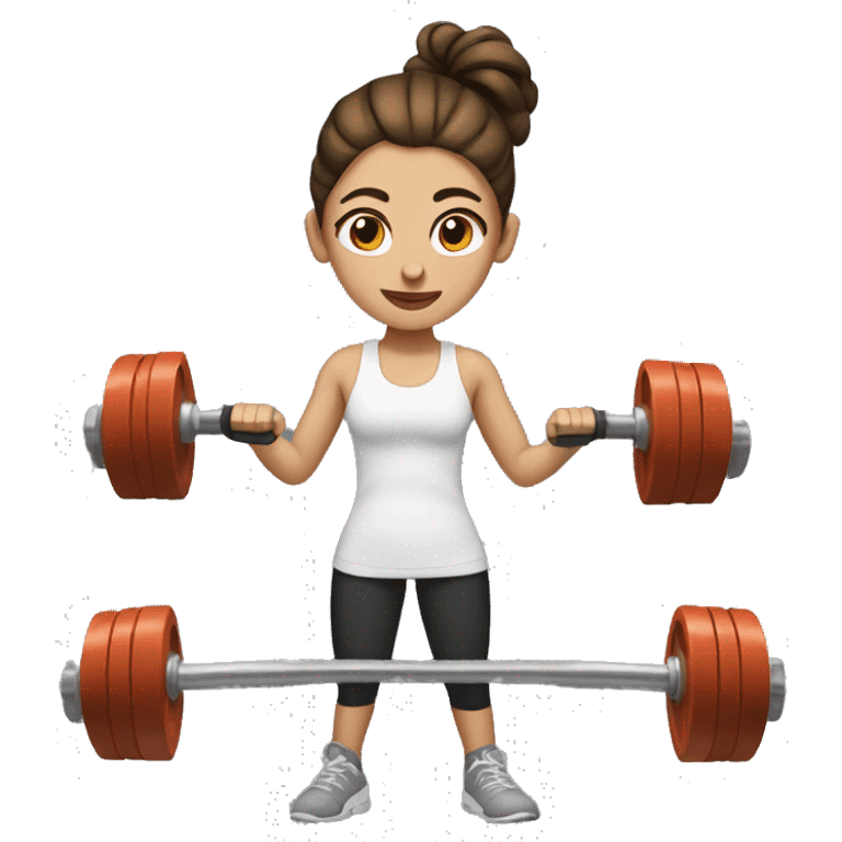 Brown haired girl with messy bun lifting dumbells emoji