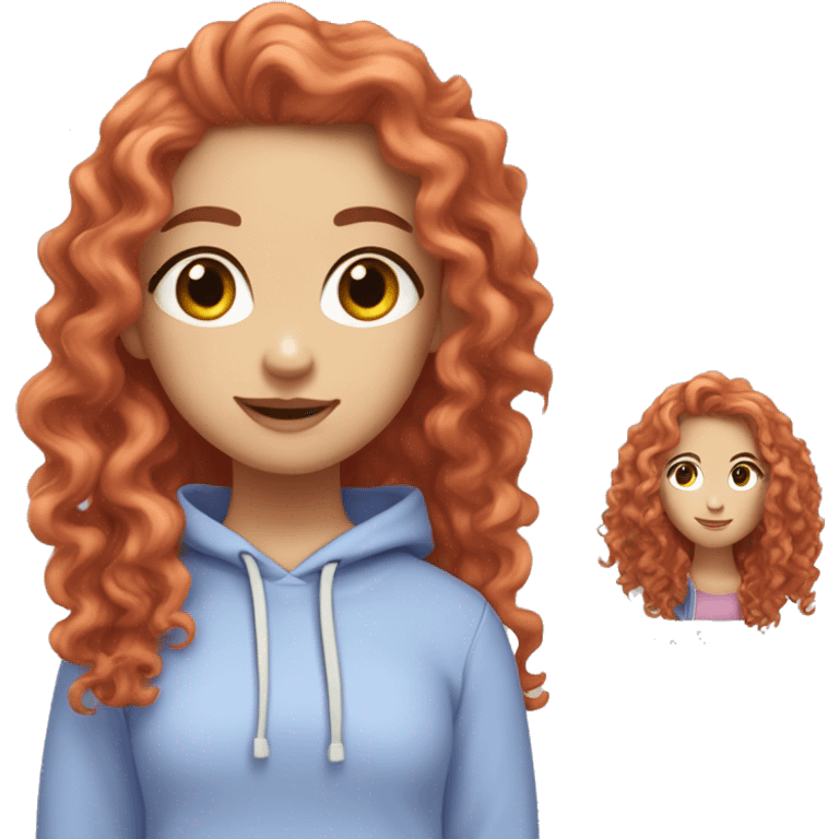 a white girl with long red curly hair, wearing a pastel periwinkle hoodie doing a pose emoji