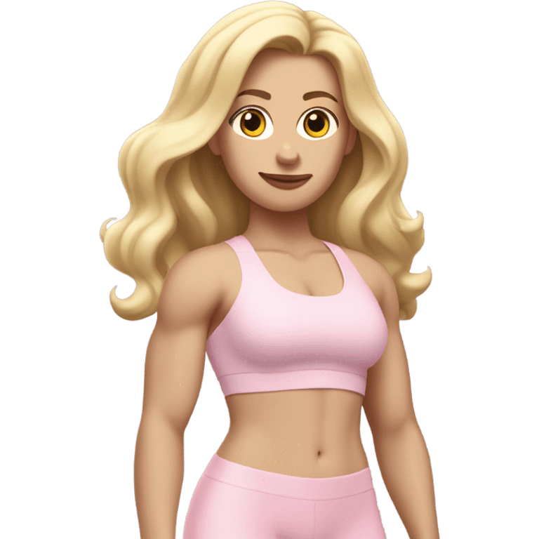 White woman, pale skin, long hair, blonde hair, wavy hair, baby pink sports bra, baby pink leggings, flexing right arm emoji