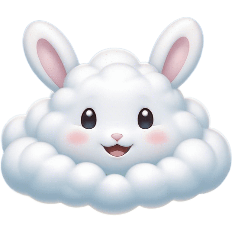 Cinematic tiny puffy bunny-shaped cloud, floating gently in the sky, soft glowing light, tiny rounded ears, smiling face, dreamy and magical. emoji