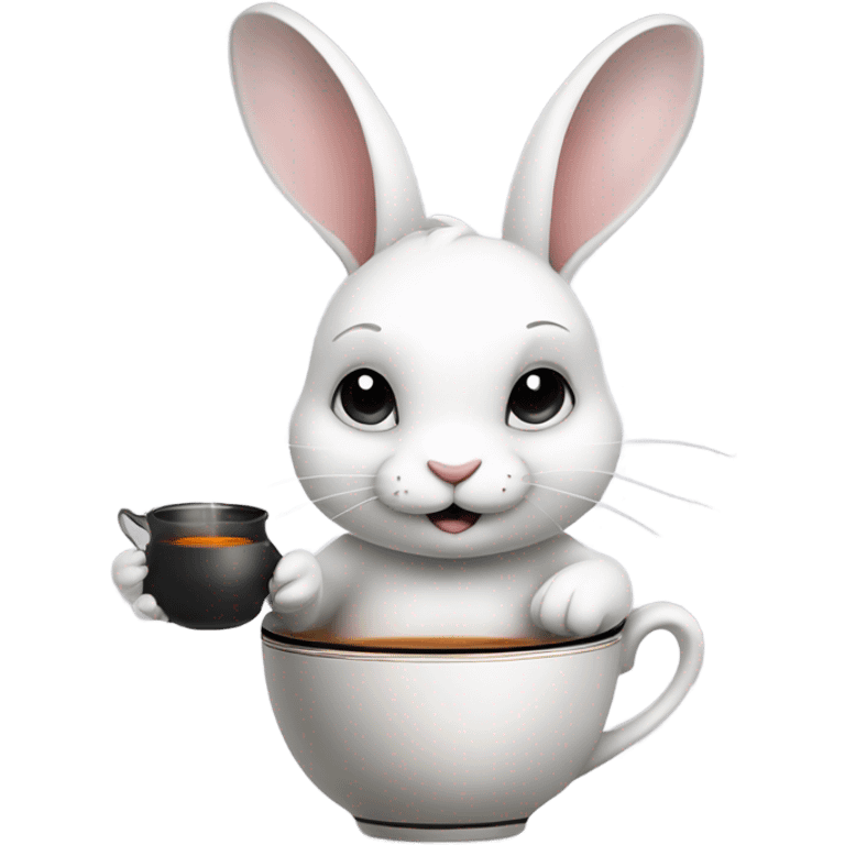 a cute white rabbit sitting and holding a ceramic cup with black tea in its paws, from which steam comes out emoji