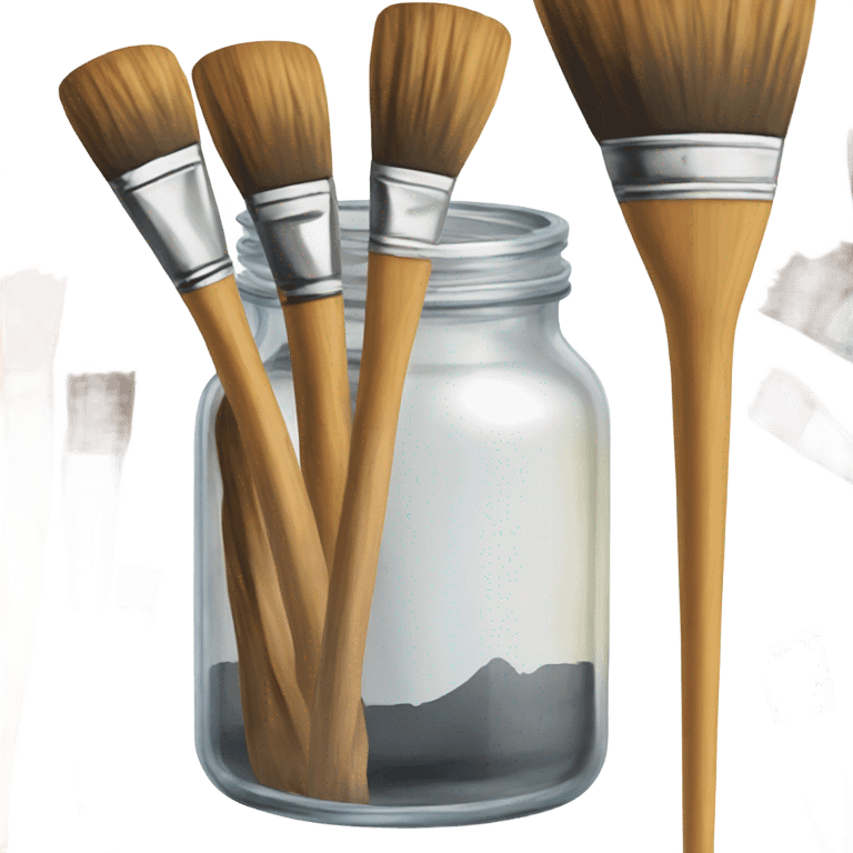 glass jar of wooden paint brushes next to watercolor set emoji