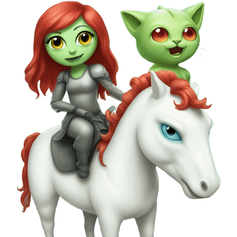 [politically incorrect
	{ woman: alien, color: light green, hair:red, eyes:cat} ]
	on a 
	[{ unicorn: white, legged:four, mane: light blue }] emoji