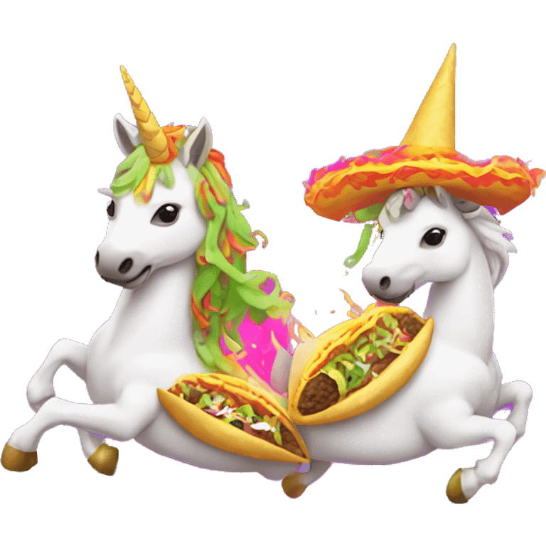 two women eating tacos while riding a unicorn surrounded by a neon heart that’s on fire emoji