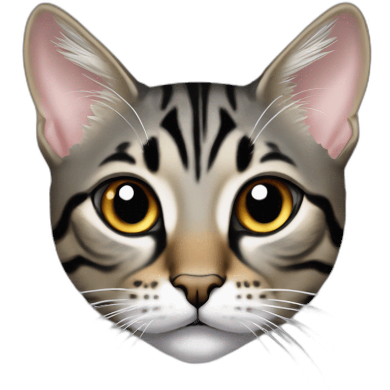 Cat Breed Tabby (Mainly black and gray) Ears Slightly pointed and sharp in shape Eyes Large and intense, with a strong gaze Whiskers Very long Chin Sharp with distinct lines Mouth Area White emoji