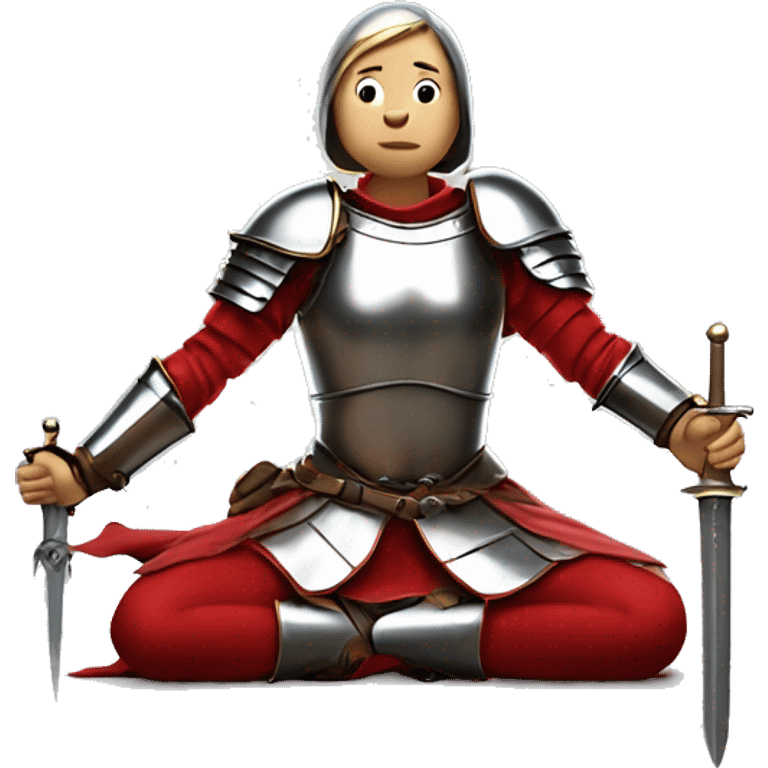 Joan of arc in medieval armor kneels, looking upward, with hands resting on a sword. They're dressed in a red garment under the armor. emoji