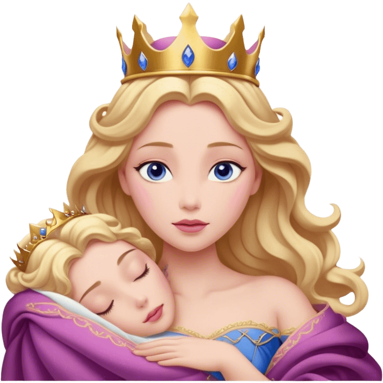 Cinematic Realistic Sleeping Beauty (Aurora) Portrait, with porcelain-like skin featuring a natural rosy flush, illuminated by soft lighting that highlights the gentle contours of her face. Her golden blonde hair flows in soft, detailed waves with subtle highlights that shimmer in the light. Her deep violet-blue eyes radiate warmth and innocence, framed by arched brows and long lashes. Her serene expression exudes quiet elegance. She is dressed in her classic pink gown, the fabric rich in texture with delicate folds that catch the light. A golden crown rests atop her head, gleaming with royal refinement. The portrait captures a soft, glowing aura, blending realism with an ethereal sense of beauty and timeless enchantment. emoji