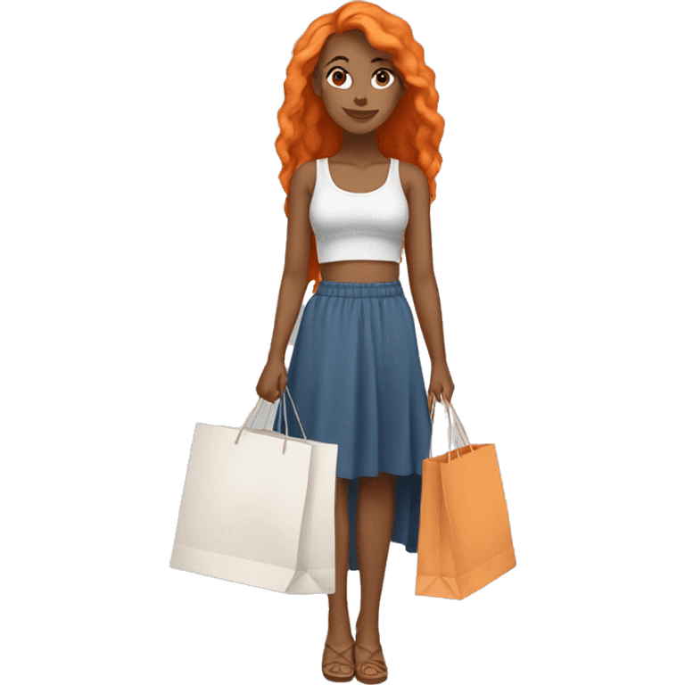 Tan girl with long orange hair wearing a skirt and crop top outfit holding shopping bags emoji